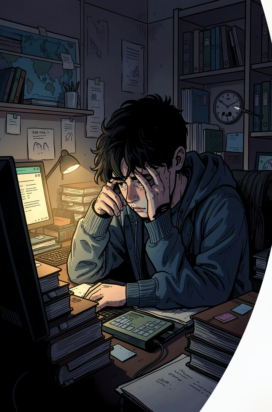 Burning out at a cluttered desk late at night